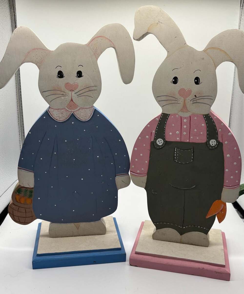 Vintage Hand-Painted Wooden Easter Bunny Figurines Set of 2 Boy and Girl
